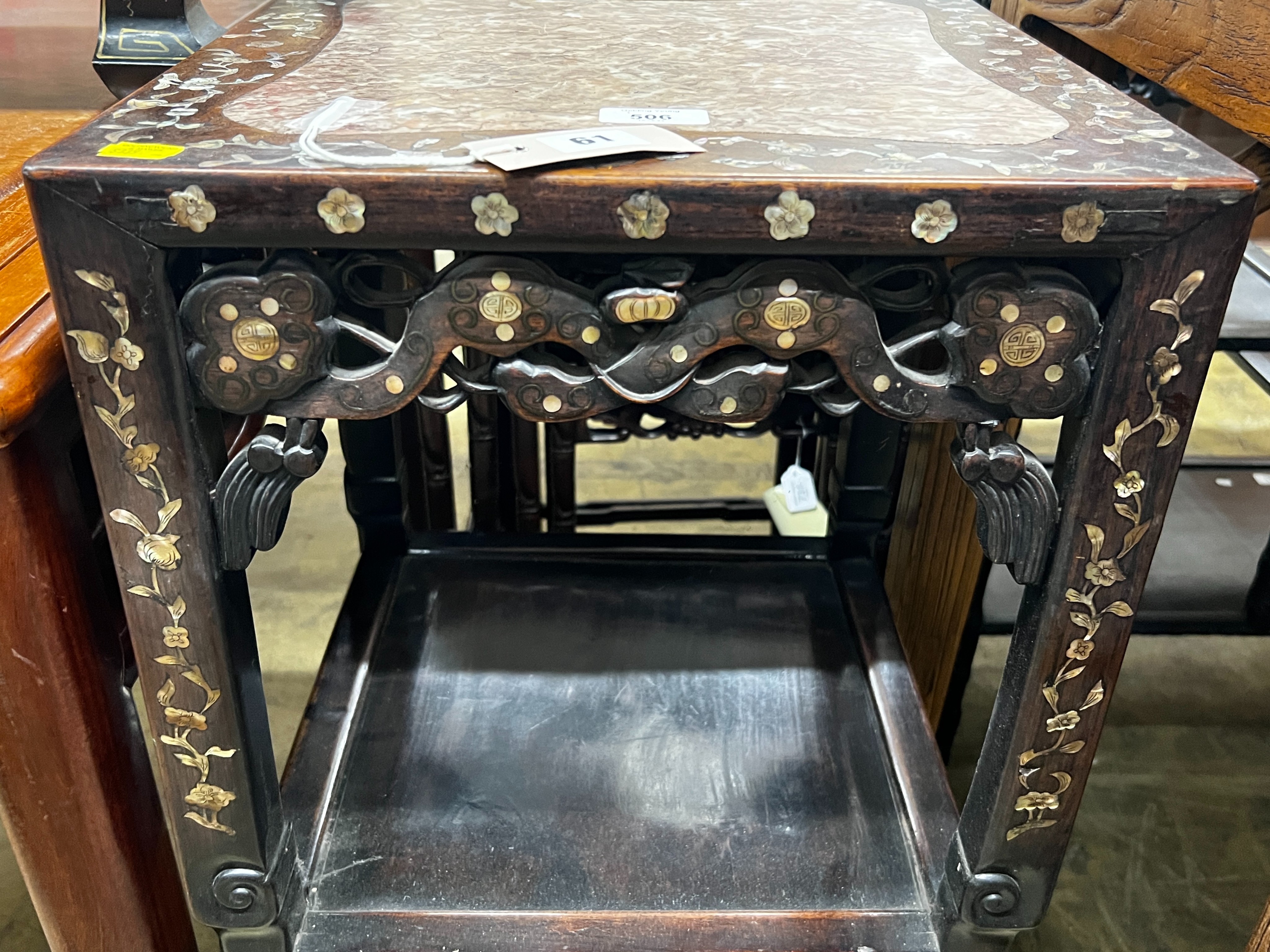 A Chinese mother of pearl inlaid square marble top hongmu two tier vase stand, width 38cm, height 80cm